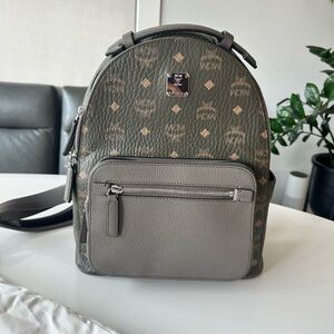 MCM Grayish-Brown Backpack with Textured Material and Silver Zippers